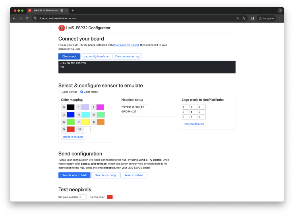 lms-esp32 lego spike hub neopixel web configurator